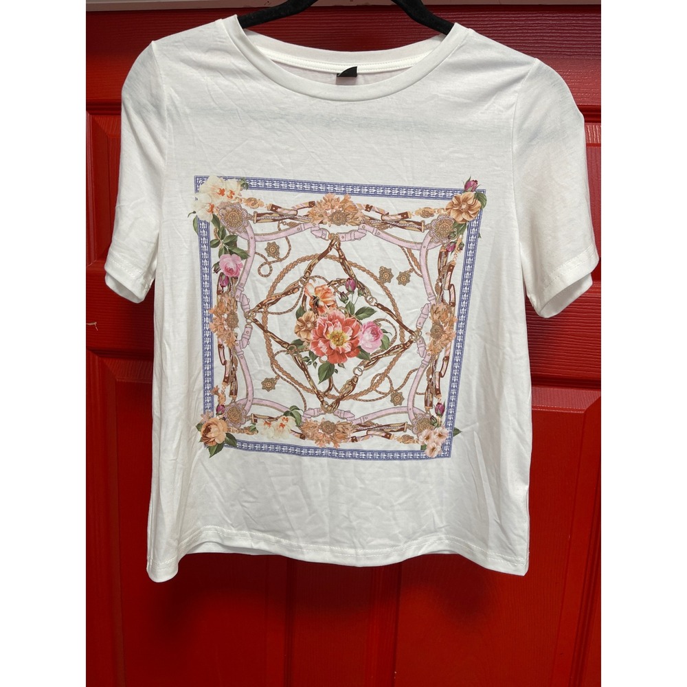 Shein Womens Floral Scarf Print Graphic Tee White Short Sleeve Size XS 2